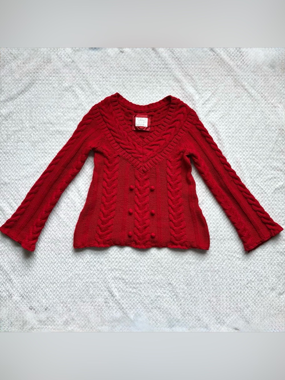 Y2K Old Navy Chunky Cable Knit Sweater M Red Flare Sleeves Fisherman V Neck